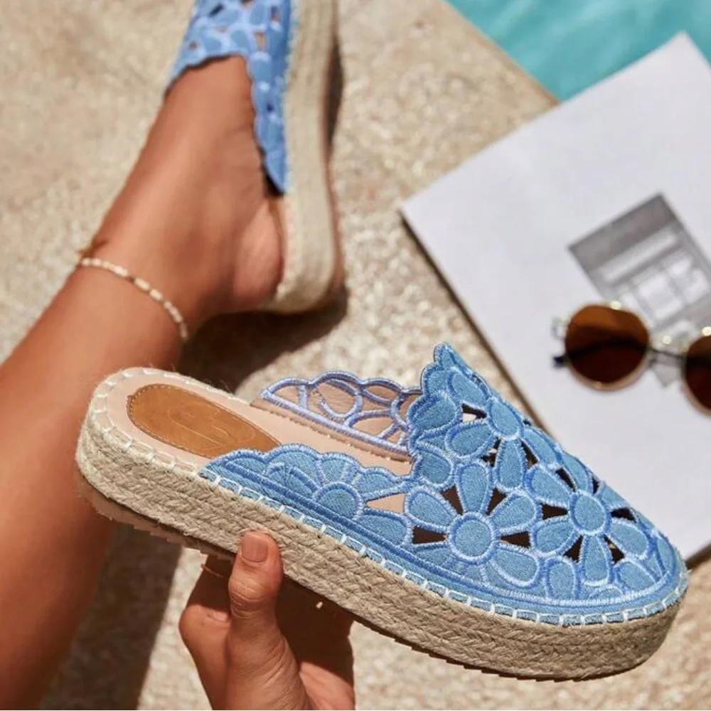 Floral Embroidered Espadrille Flat Vacation Summer Blue Fabric Flat Shoes